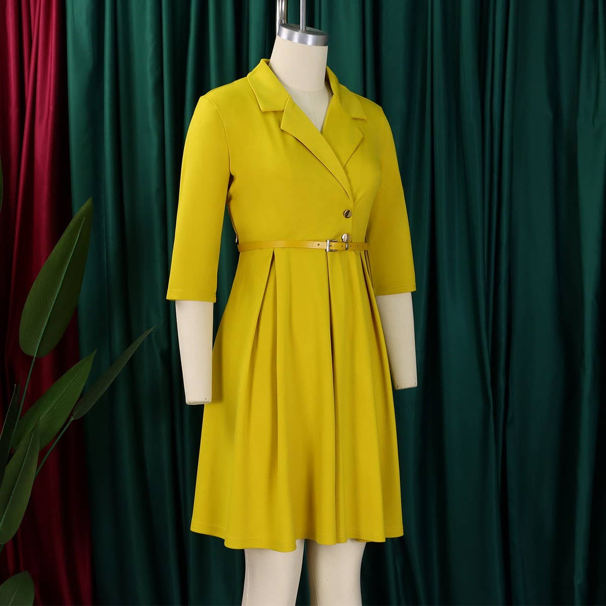 SOLID COLOR SUIT COLLAR HIGH WAIST DRESS_CWDSD6065
