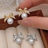 Womens Vintage Full Diamond Bow Pearl Earrings