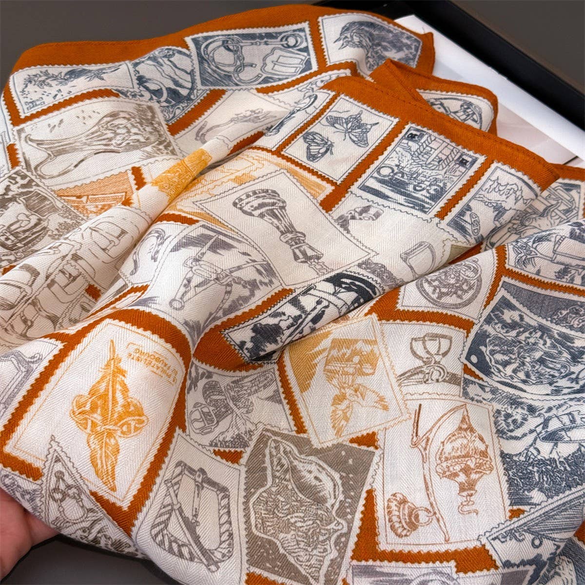 Vintage Stamp Herringbone Linen Feel Scarf_Cwasc03304