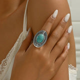 Ethnic Style Turquoise Ring With Carved Open Ring