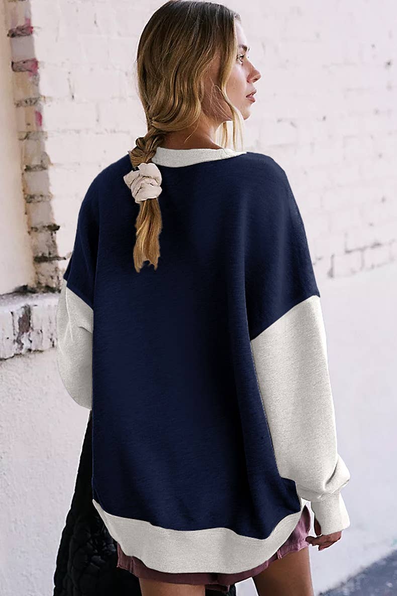 Two-Tone Round-Neck Loose Pullover Hoodie