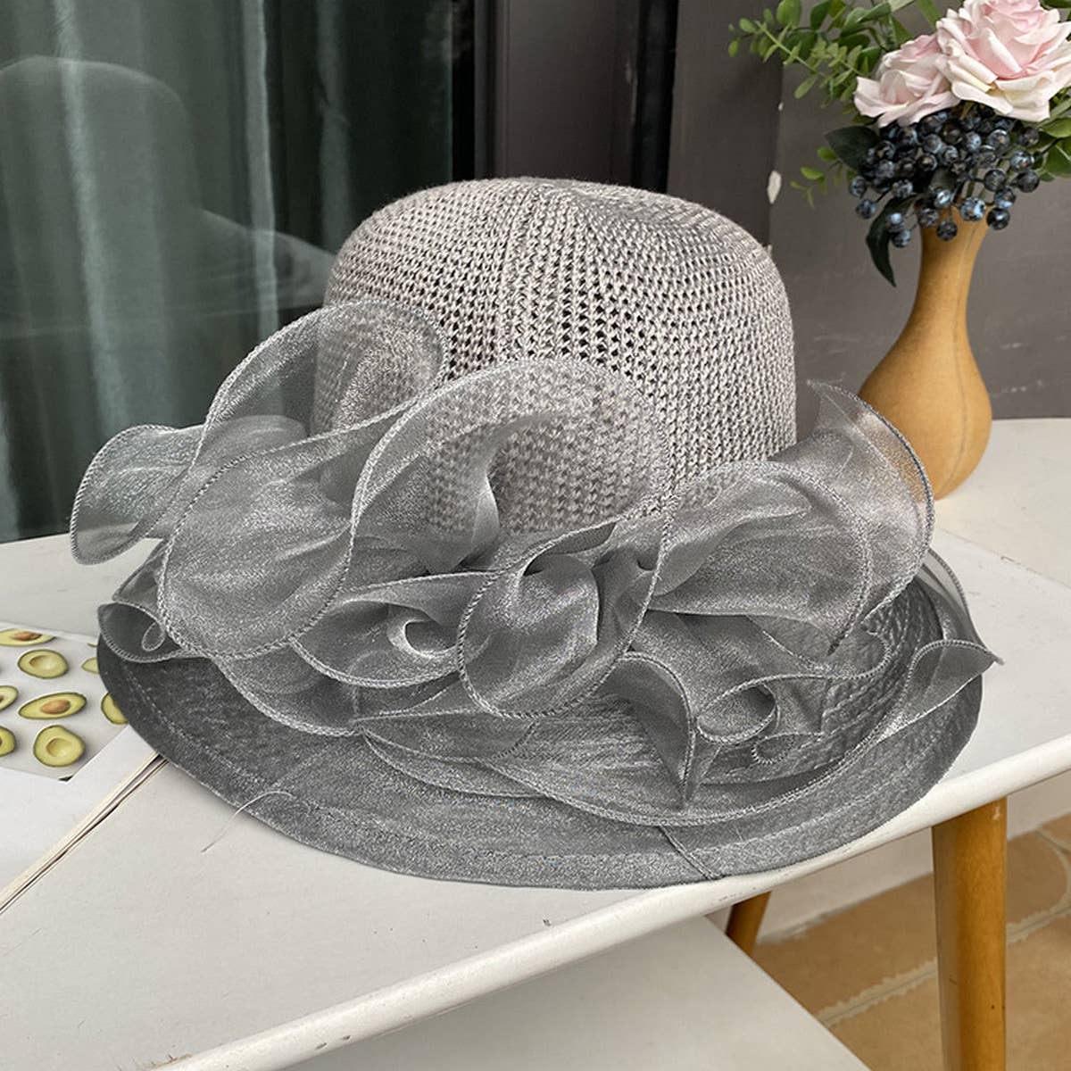 Women Organza Flower Sunscreen Hat_Cwah1208