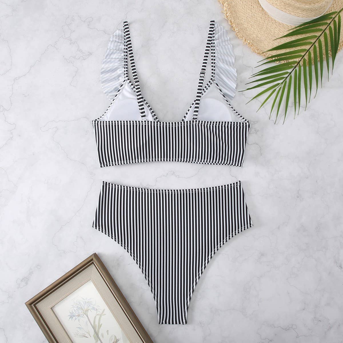 HIGH WAISTED V NECK RUFFLED BIKINI SWIMSUIT_CWMW0200