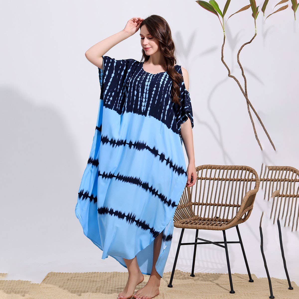 RAYON TIE DYE OFF SHOULDER BEACH COVER UP_CWMM6152