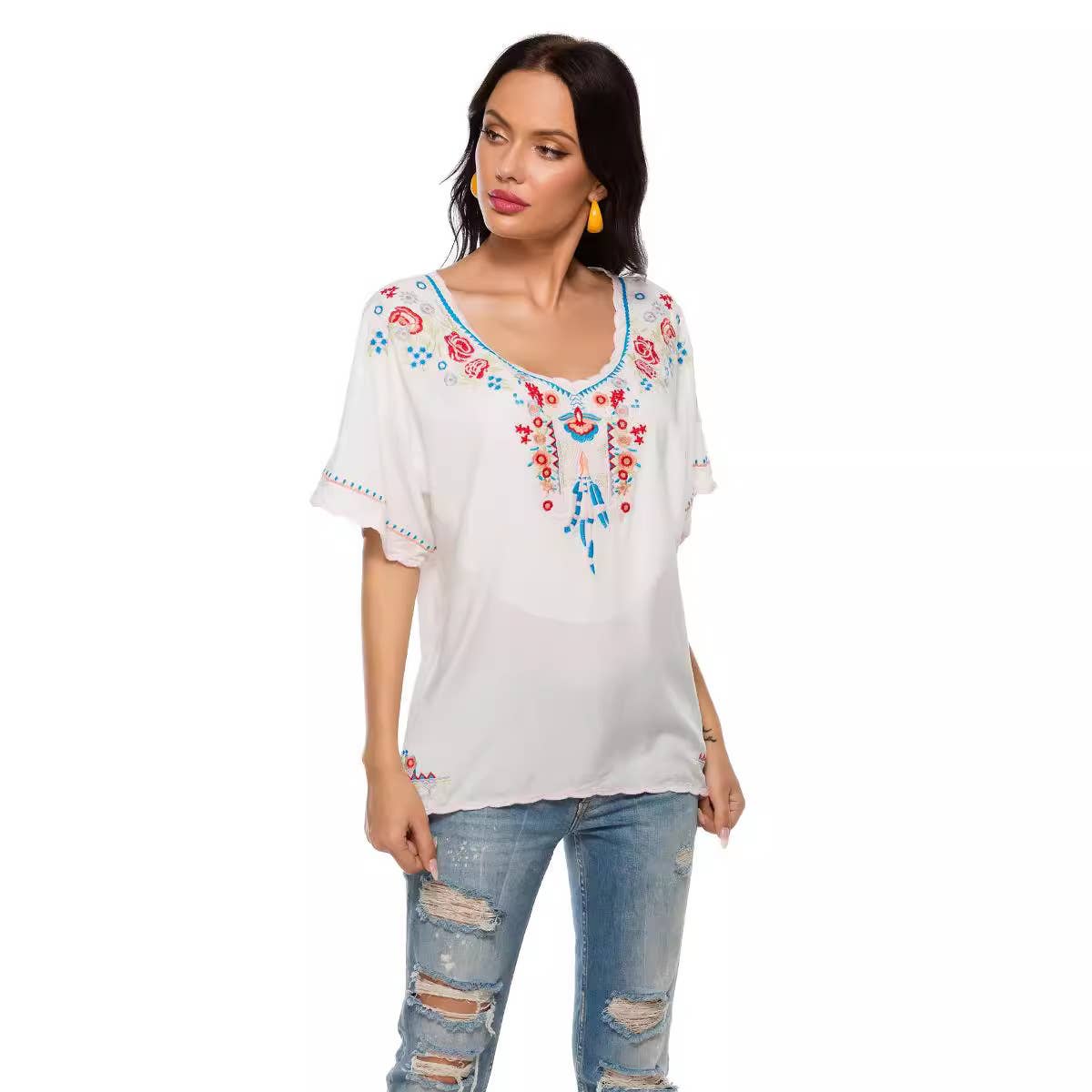 Womens Boho Spring Summer Embroidered Blouse