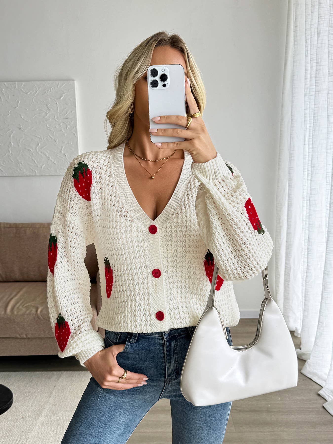 Versatile Strawberry Jacquard Loose Cardigan