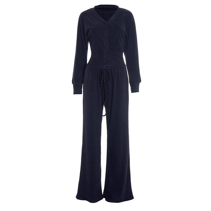 V-Neck Fitted Cardigan Lace-Up Wide-Leg Pant Set