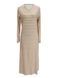 Striped V-Neck Long Sleeve Casual Long Dress