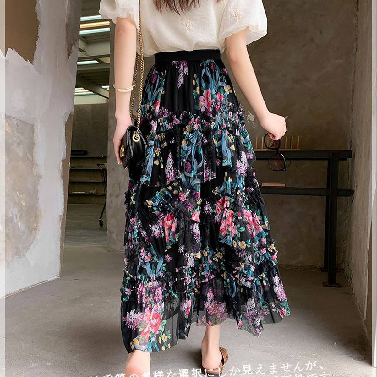 COLORFUL FLORAL MESH PRINT PLEATED TULLE SKIRT_CWBLS0399