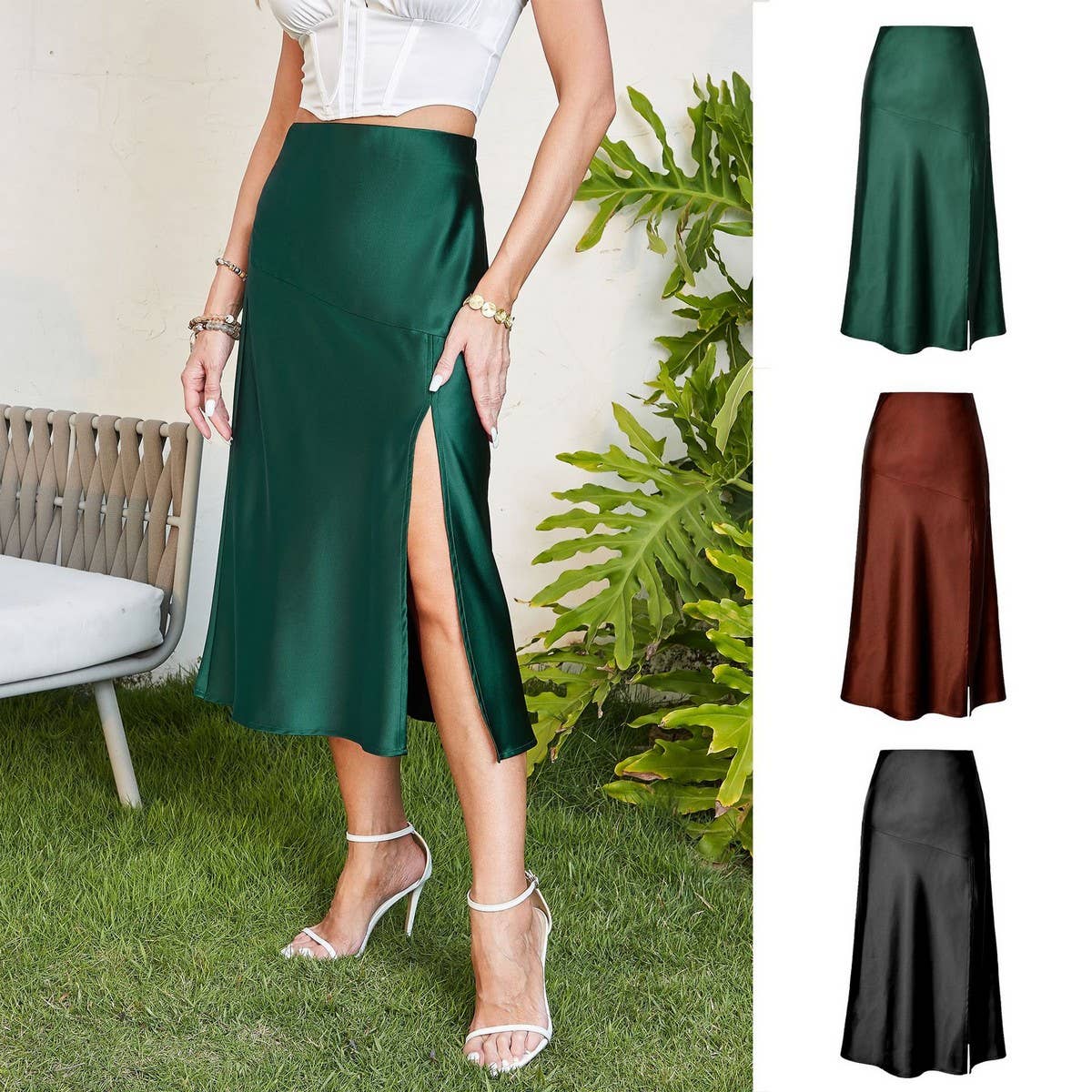 HIGH WAIST SATIN SKIRT SOLID COLOR SLIT LONG SKIRT_CWBSS0400