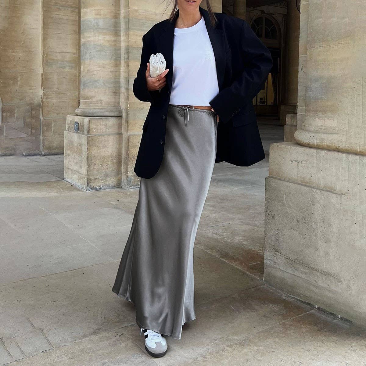 SATIN LONG SKIRT HIGH WAIST DRAWSTRING SKIRT_CWAB4792