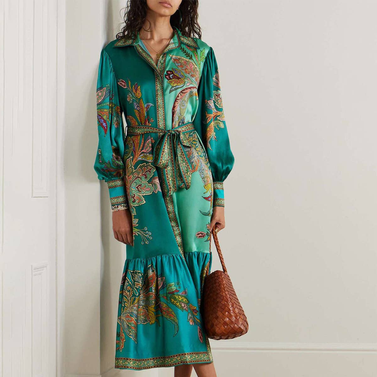 Vintage Print Dress With Lapel Lantern Sleeves