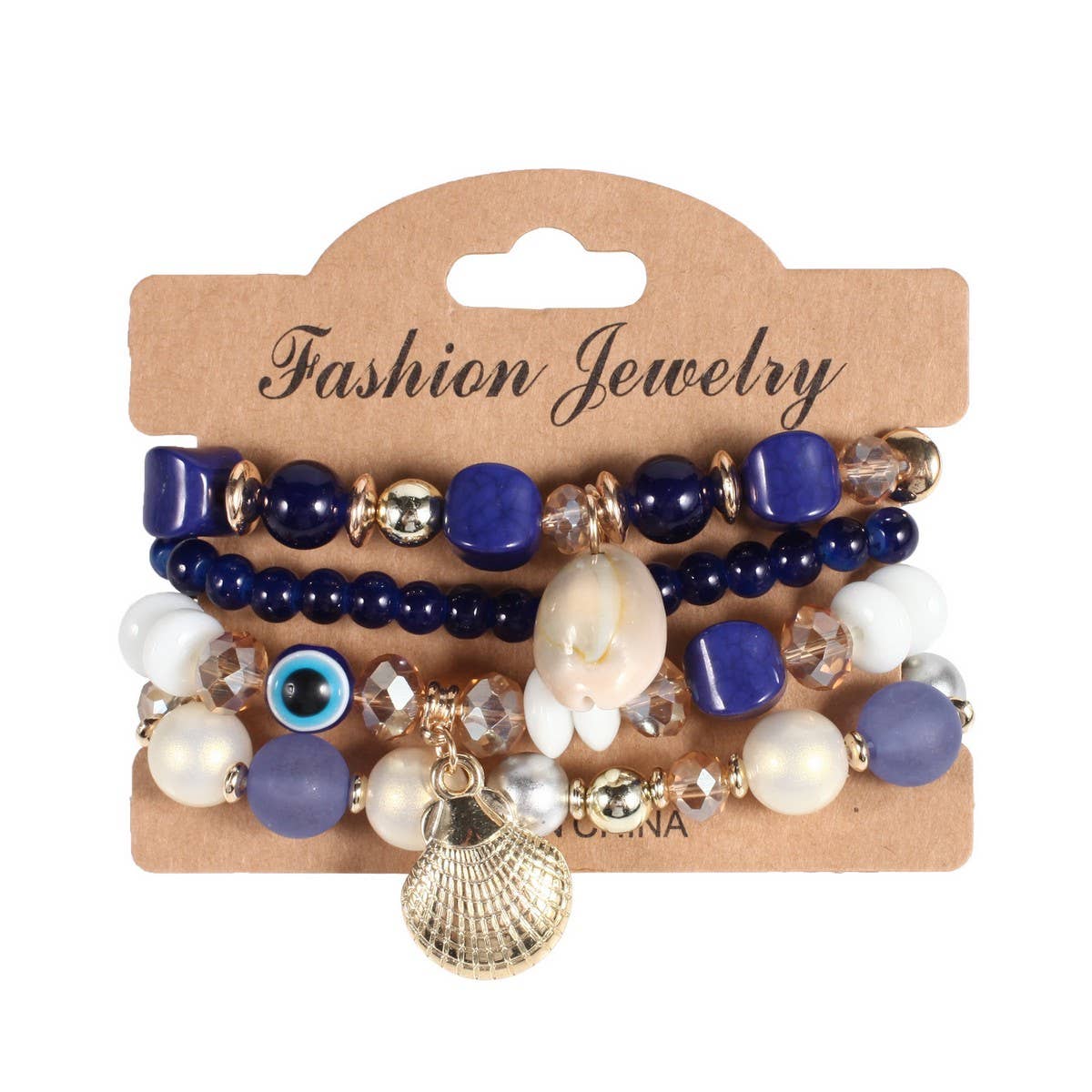 Cwaje05692_Boho Shell Pearl Elastic Evil Eye Bracelet
