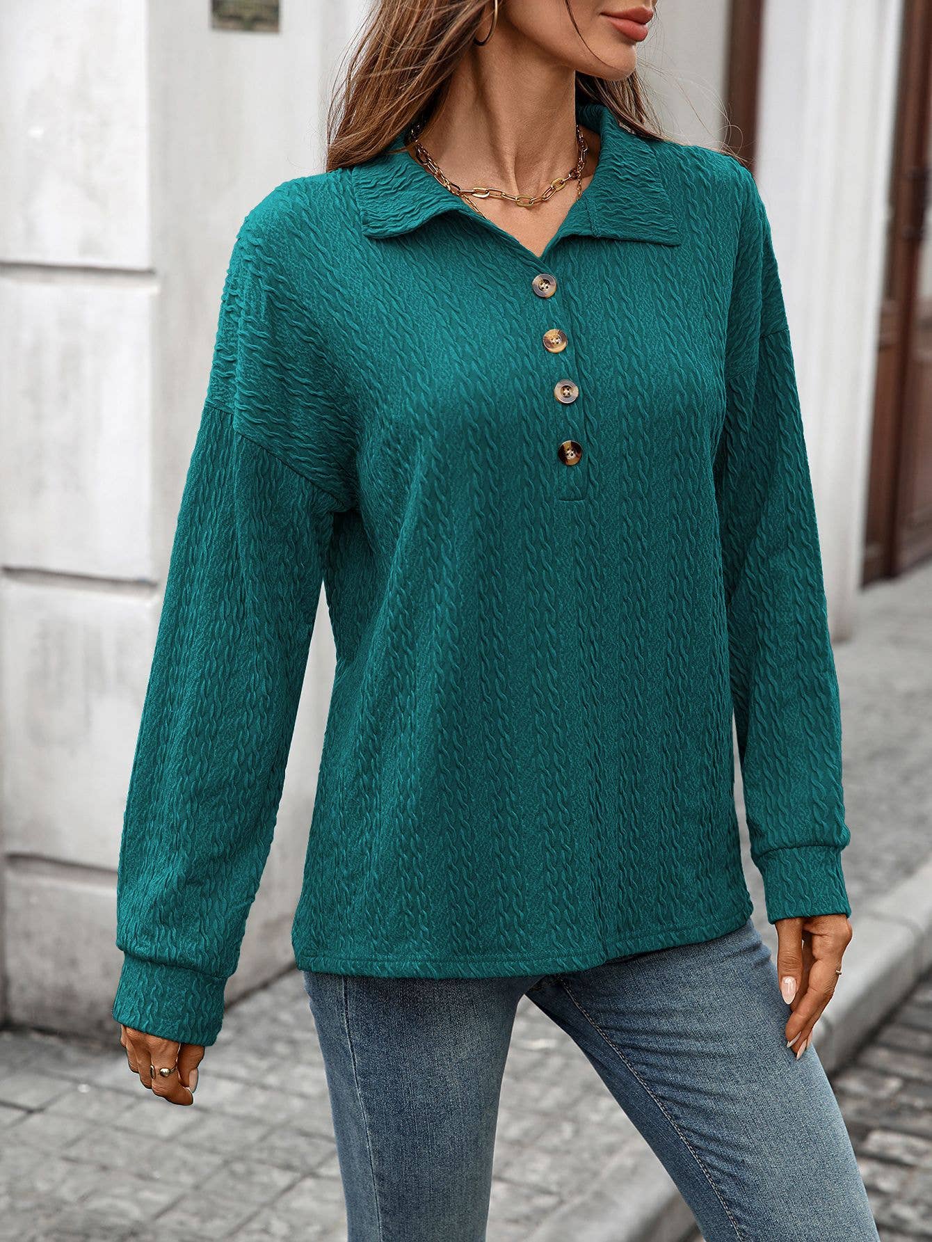 Solid-Color Lapel Button Long-Sleeved Sweatshirt