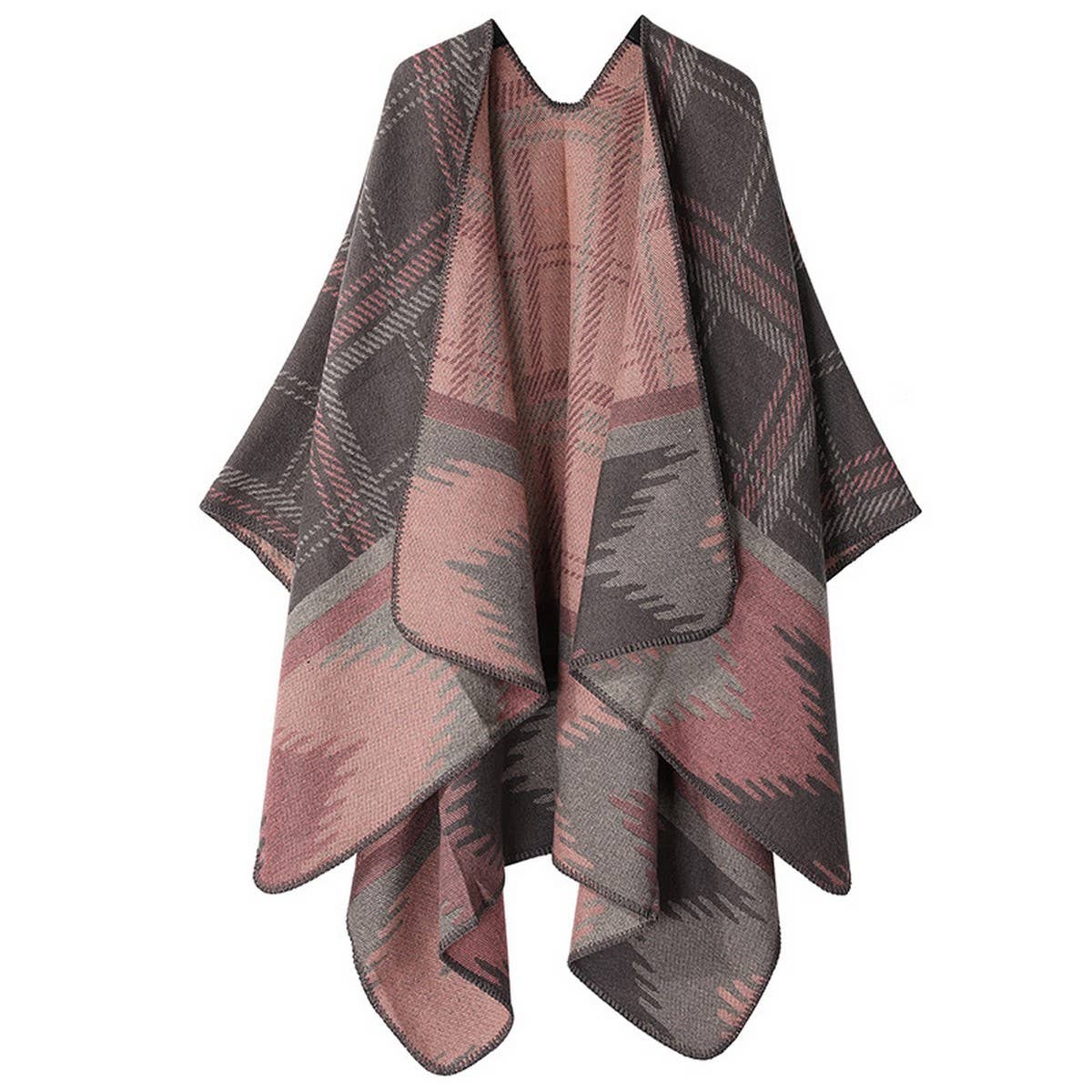 DOUBLE SIDED PLAID FAUX CASHMERE SHAWL CAPE_CWASC2135