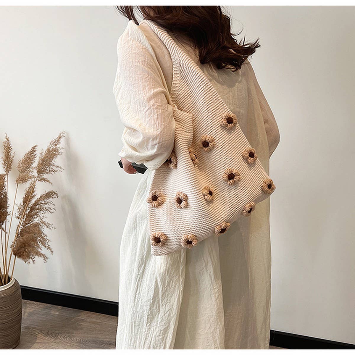 CUTE WOOL FLOWER CROCHET TOTE BAG_CWAB2409