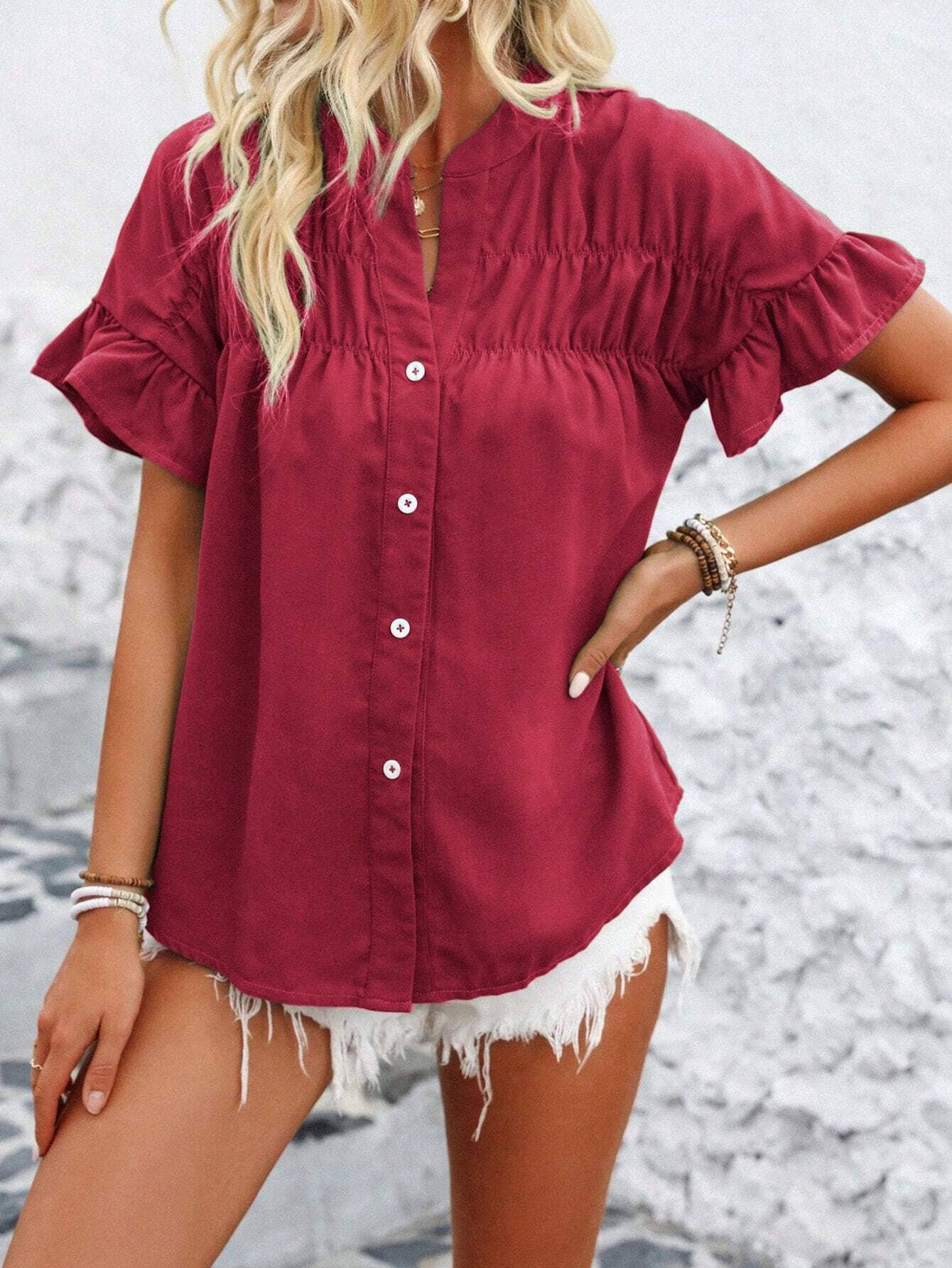 Womens Casual Pleated Button-Down Linen Shirt