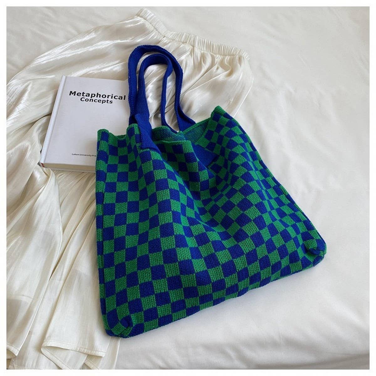 Cwab1950_Plaid Pattern Knitted Tote Bag