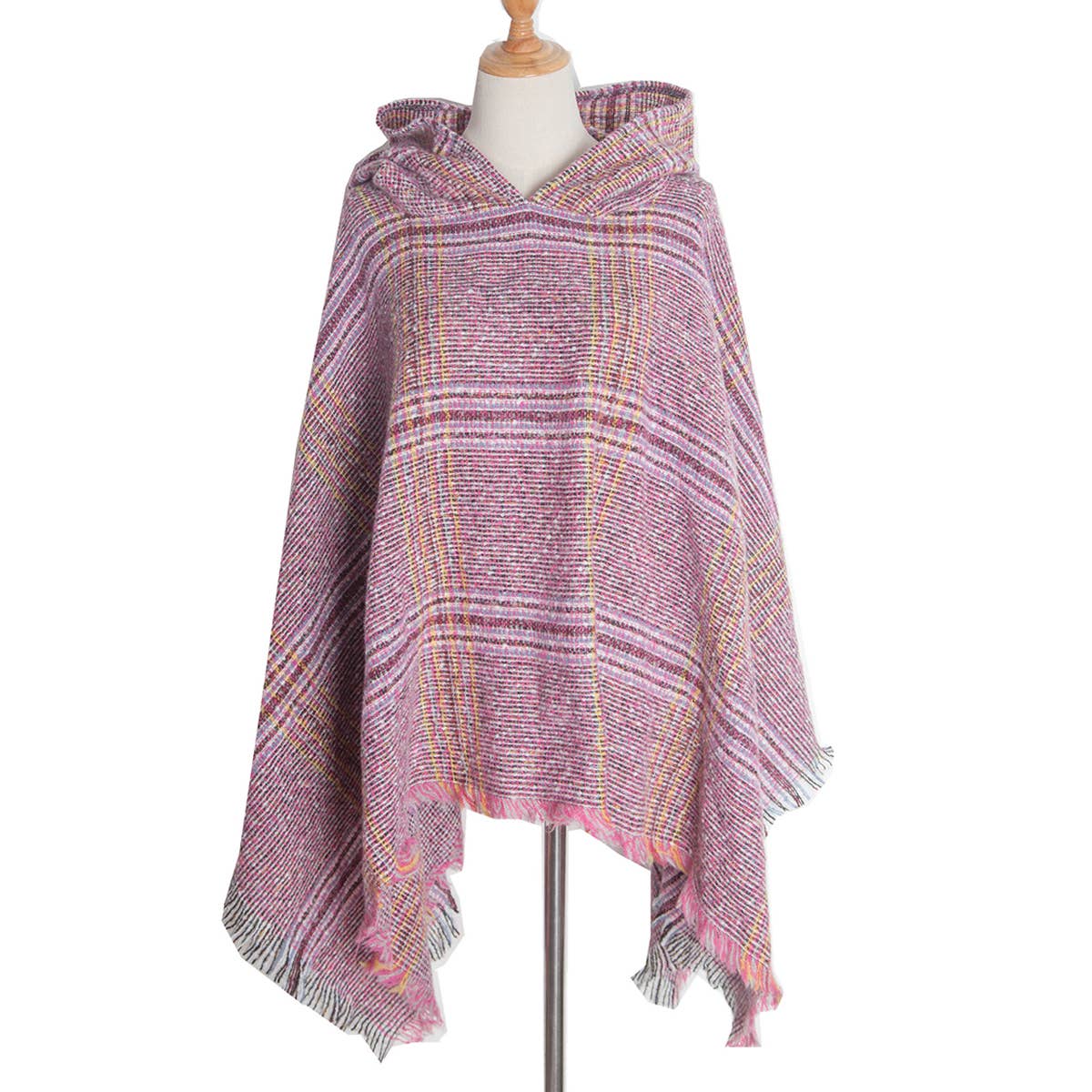 CIRCLE YARN FUR LARGE PLAID HOODED CAPE SHAWL_CWASC1211