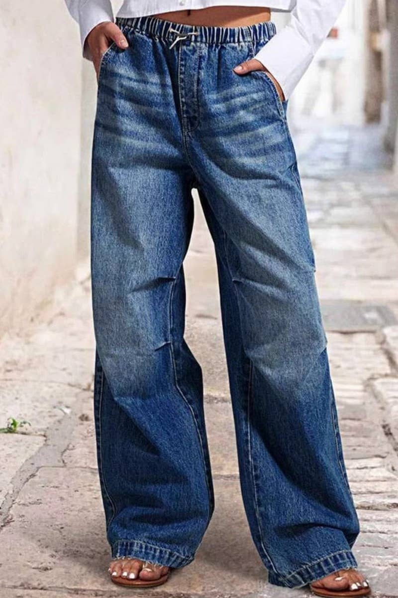 Cwjp0585_Mid Waist Pleated Wide Leg Straight Jeans