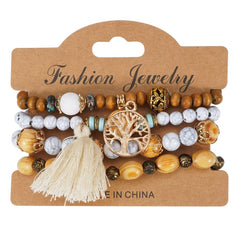 Cwmm10462_Wood Bead Rose Alloy Handmade Bracelet Set