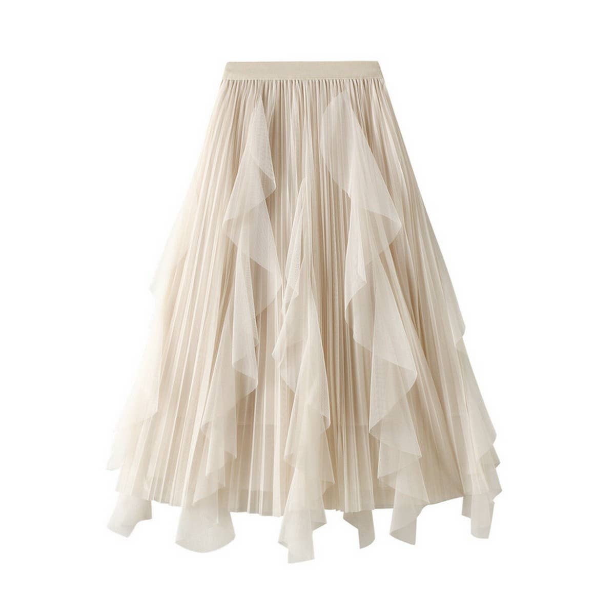 RUFFLED MESH PANEL HIGH WAIST PLEATED MIDI SKIRT_CWBMS0381