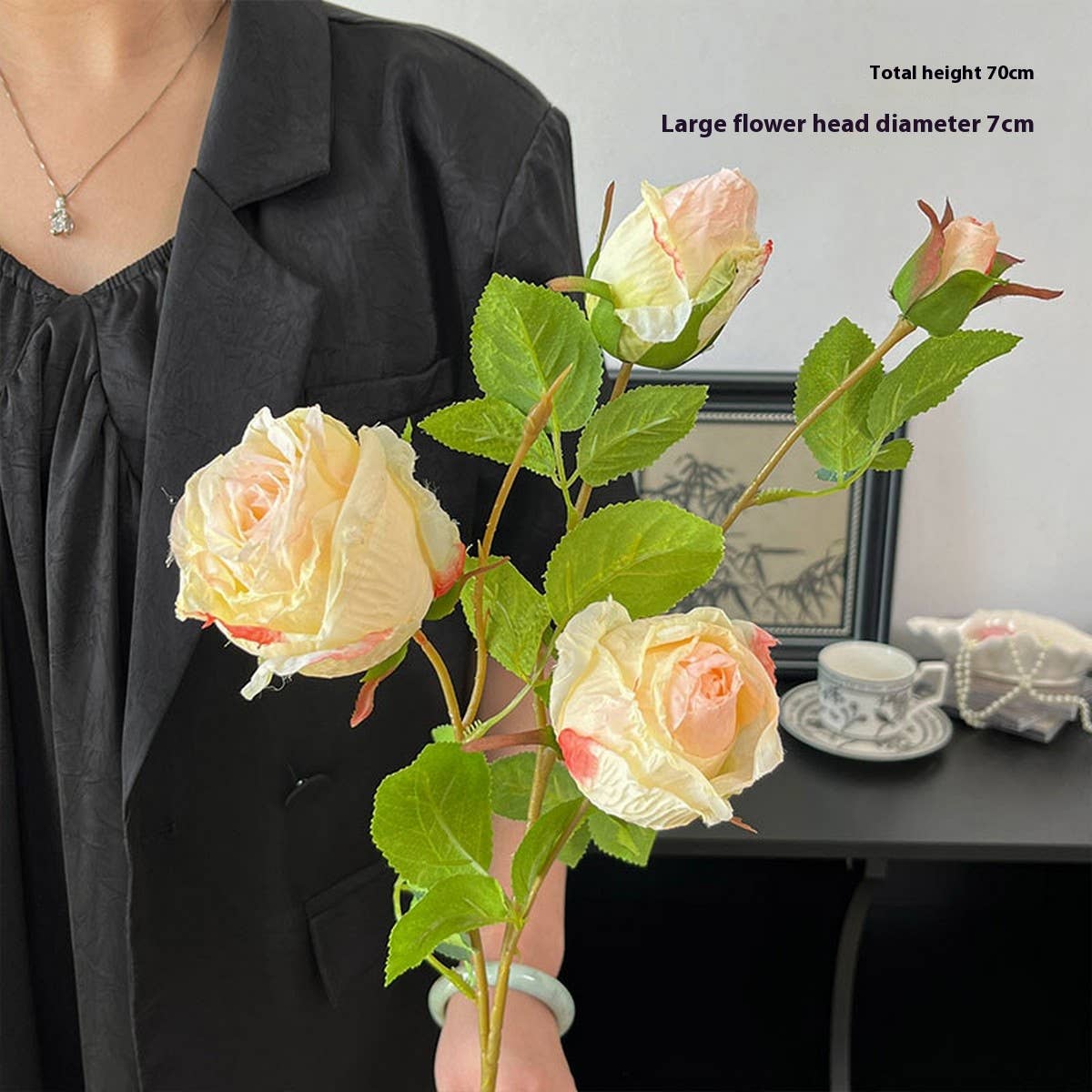 SINGLE STEM 4 HEAD COUNTRY STYLE BURNT EDGE ROSES_CWMM6473