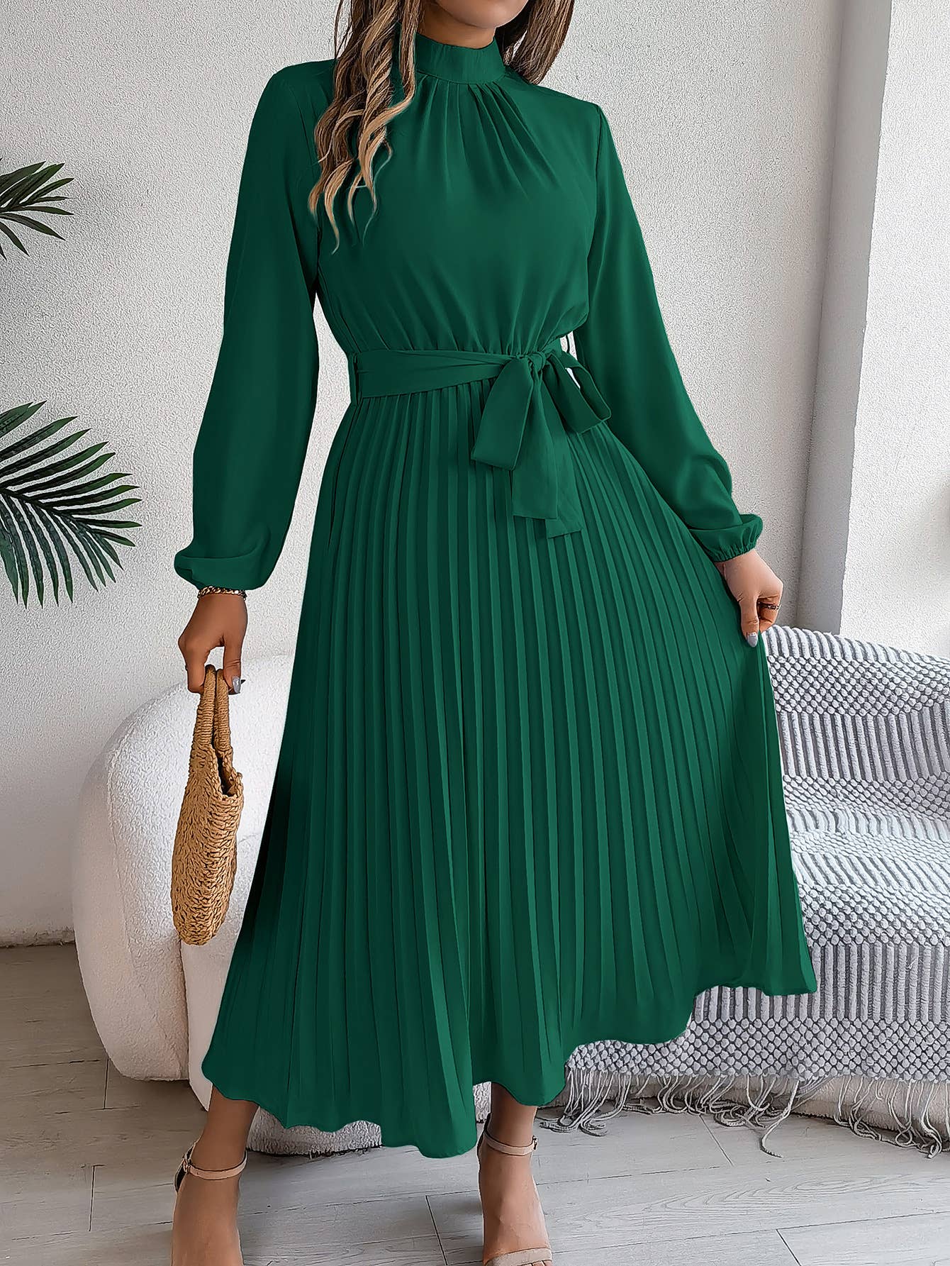Standing Collar Long Sleeve Pleated Long Dress