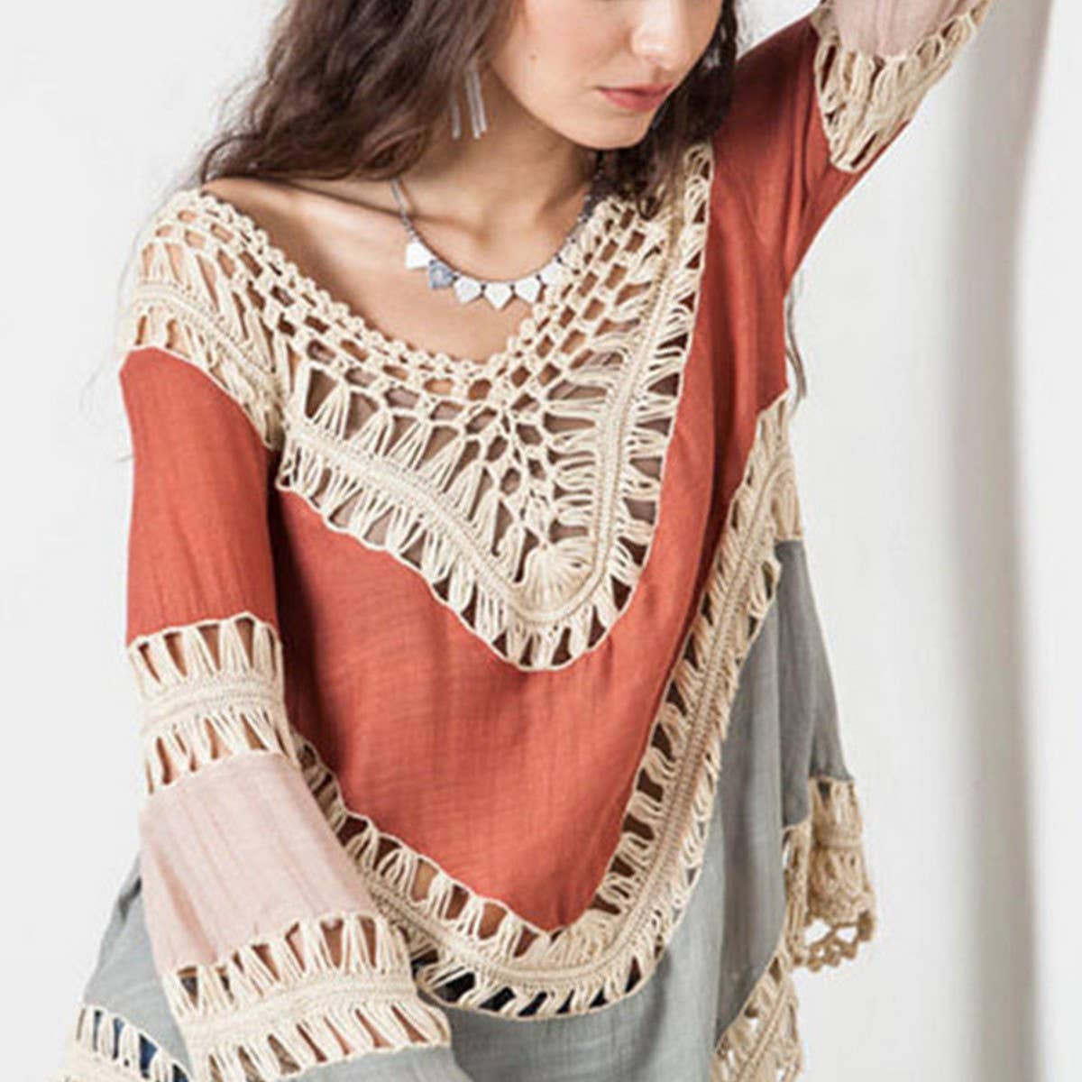 BOHEMIAN LONG SLEEVE BEACH SWIMSUIT COVER UP_CWMW0646