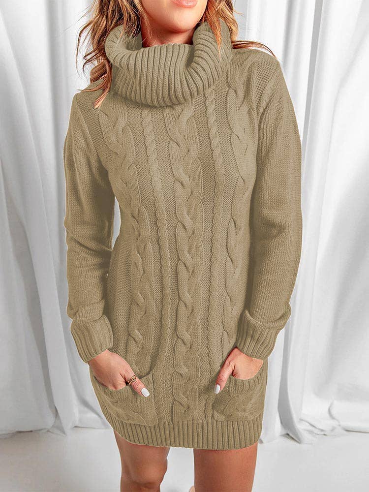 Turtleneck Solid Color Crew-Neck Sweater Dress