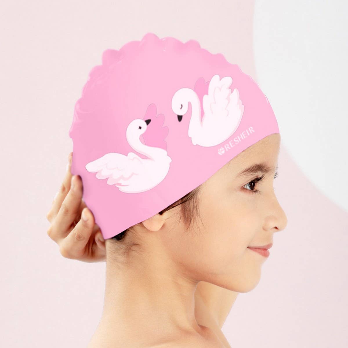 KIDS SILICONE SWIM CAP CUTE SWAN PRINT FOR GIRLS_CWMM6778