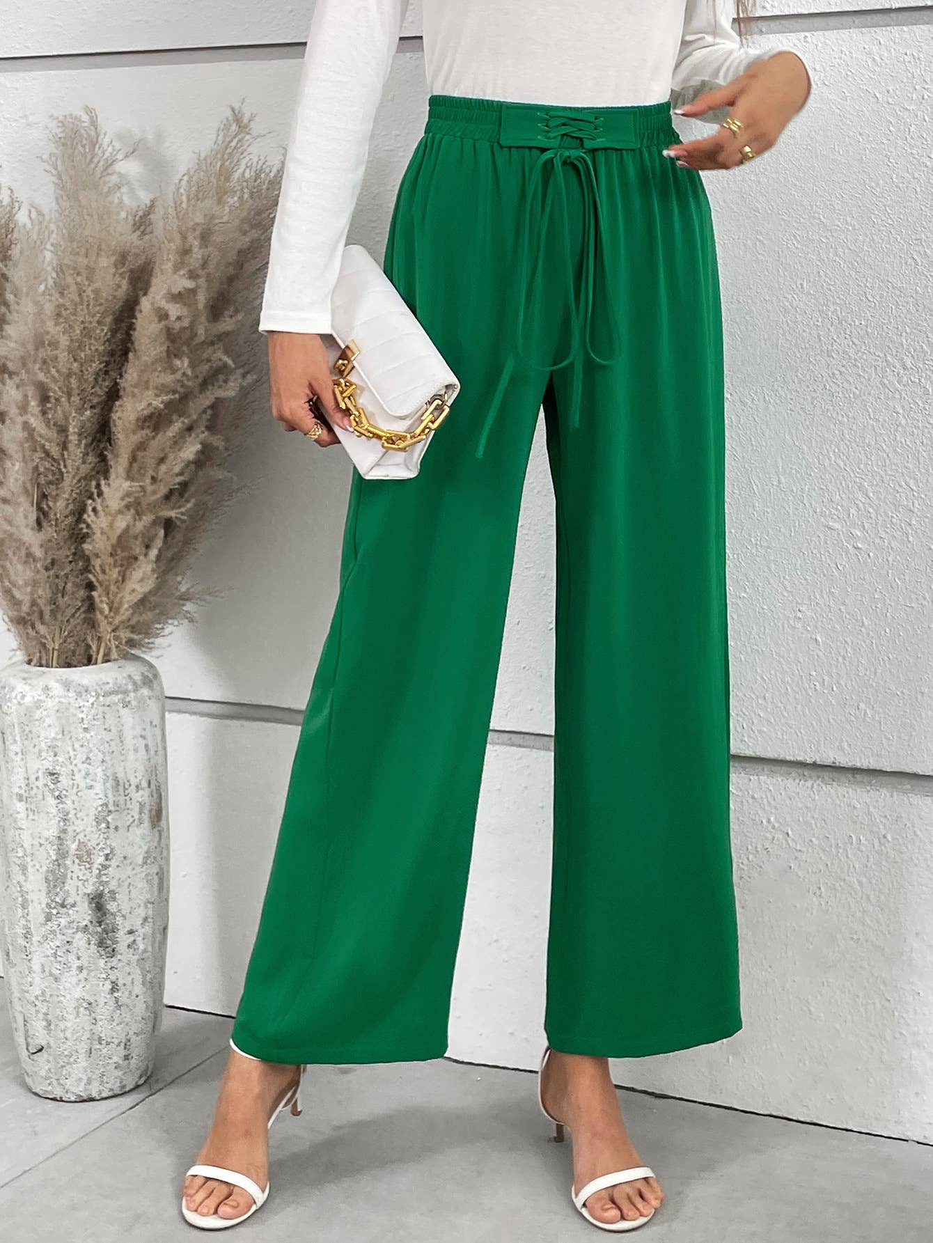 Solid Color Elastic-Waistband Wide-Leg Pants