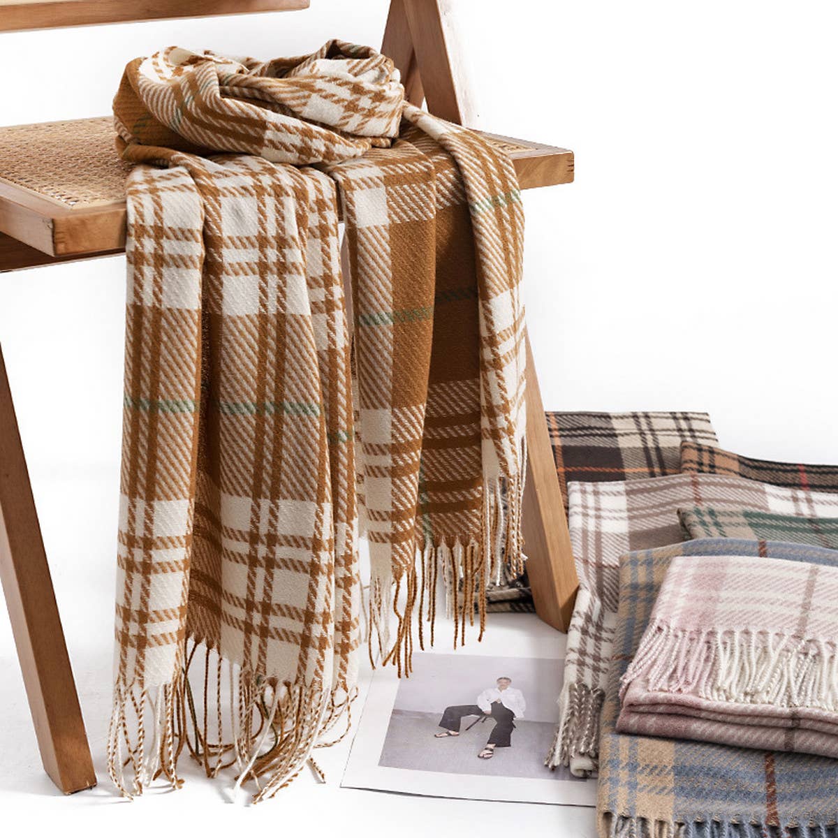 Women Simple Plaid Warm Scarf