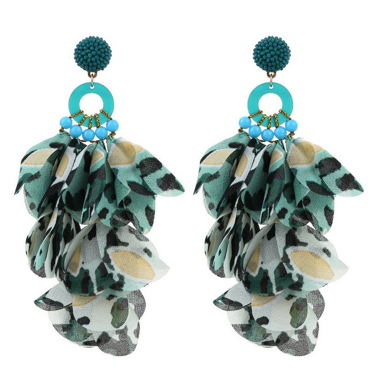 FABRIC FLOWER TASSEL EARRINGS WITH LEOPARD PRINT_CWMM6265