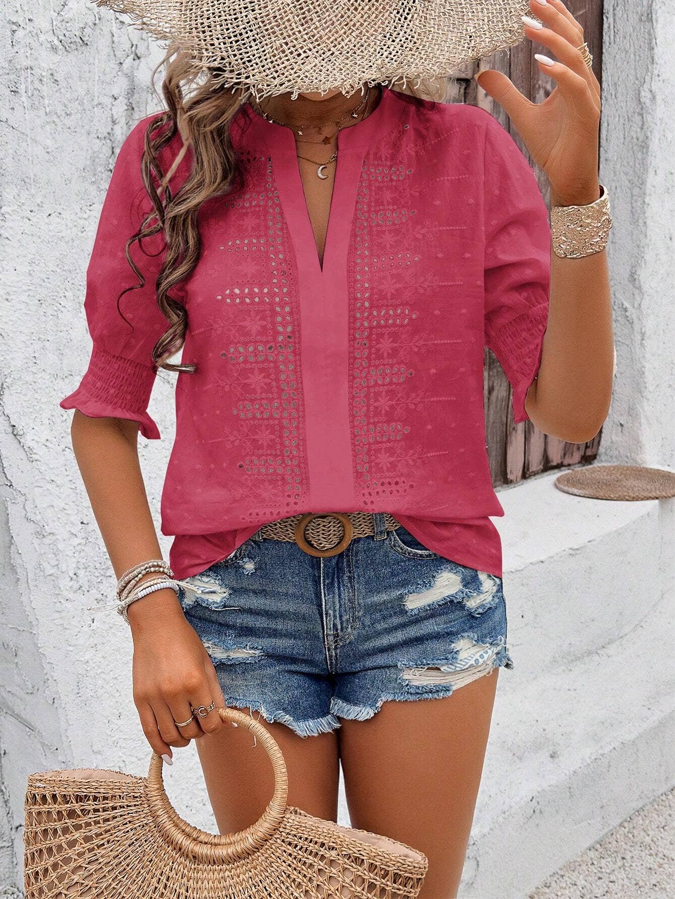 Womens V-Neck Puff Sleeve Lace Pom-Pom T-Shirt