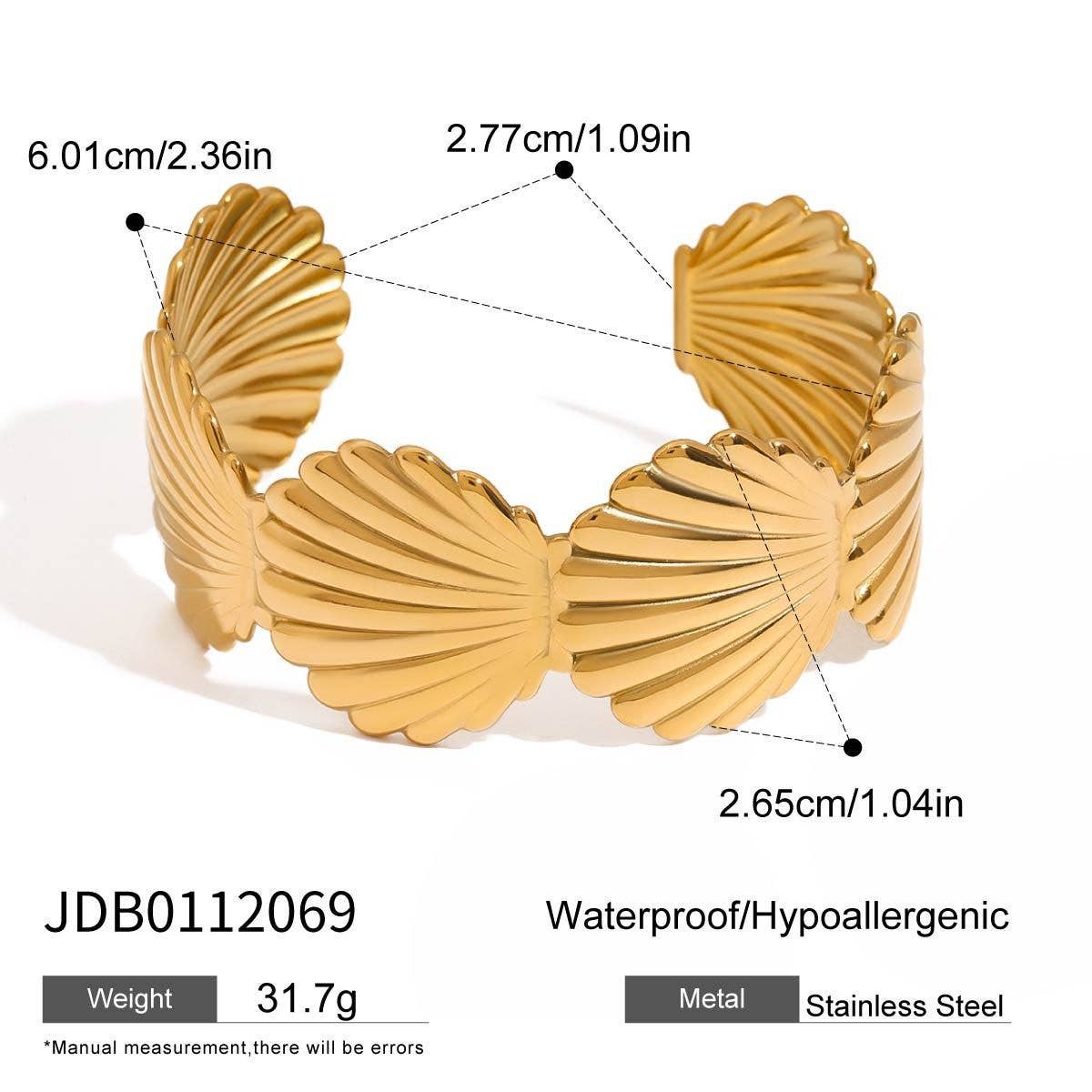 Vintage 18K Gold Ribbed Shell Open Cuff Bracelet