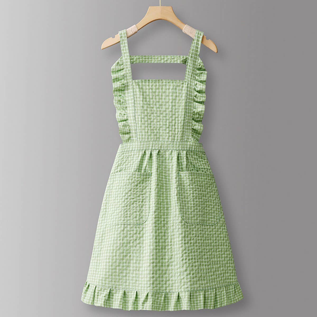 Cotton Striped Grid Kitchen Apron With Pocket_Cwmm10095
