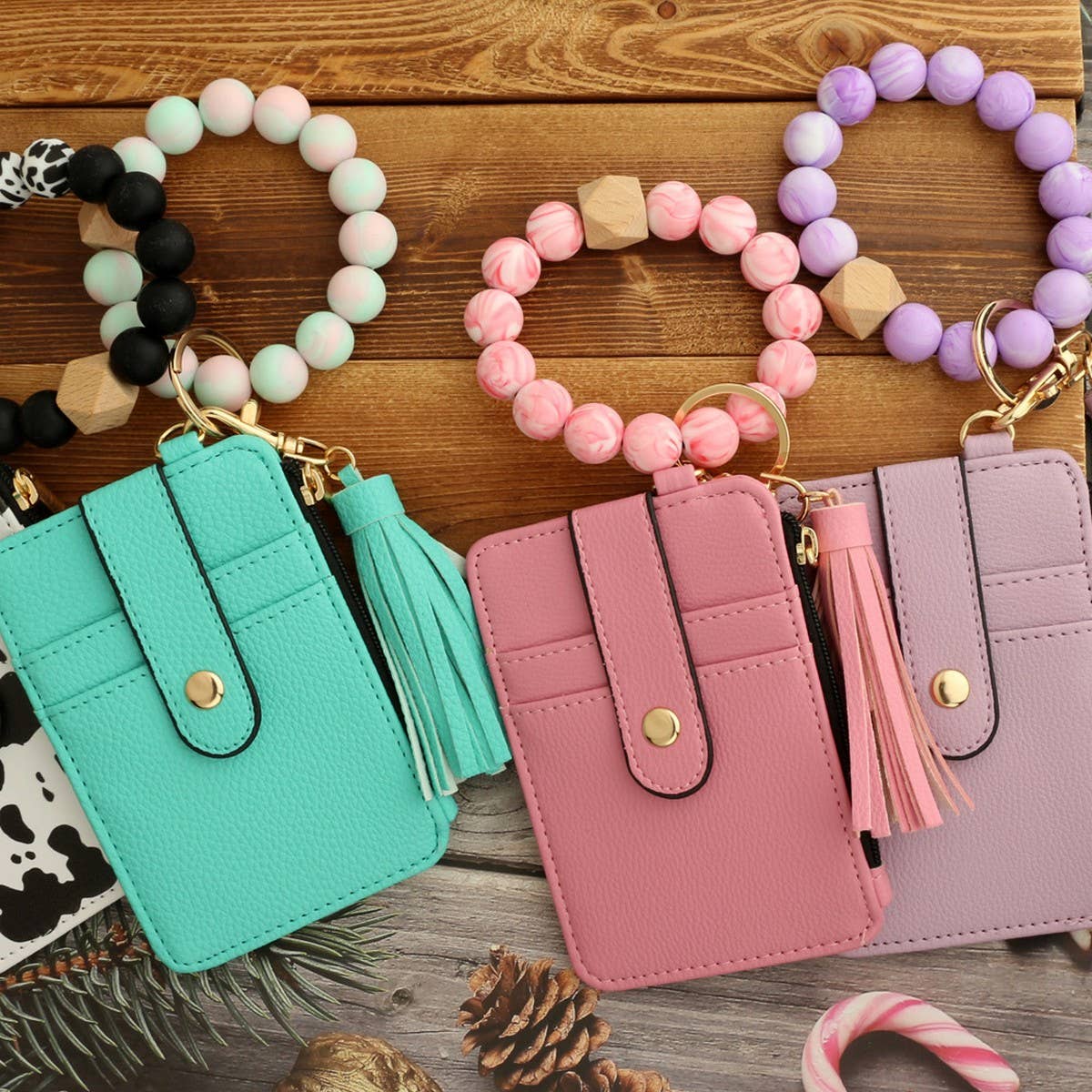 SILICONE BRACELET LEATHER WALLET TASSEL KEYCHAIN_CWAJE0659