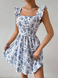 Sweet Fit & Flare Floral Ruffle Sleeves Dress