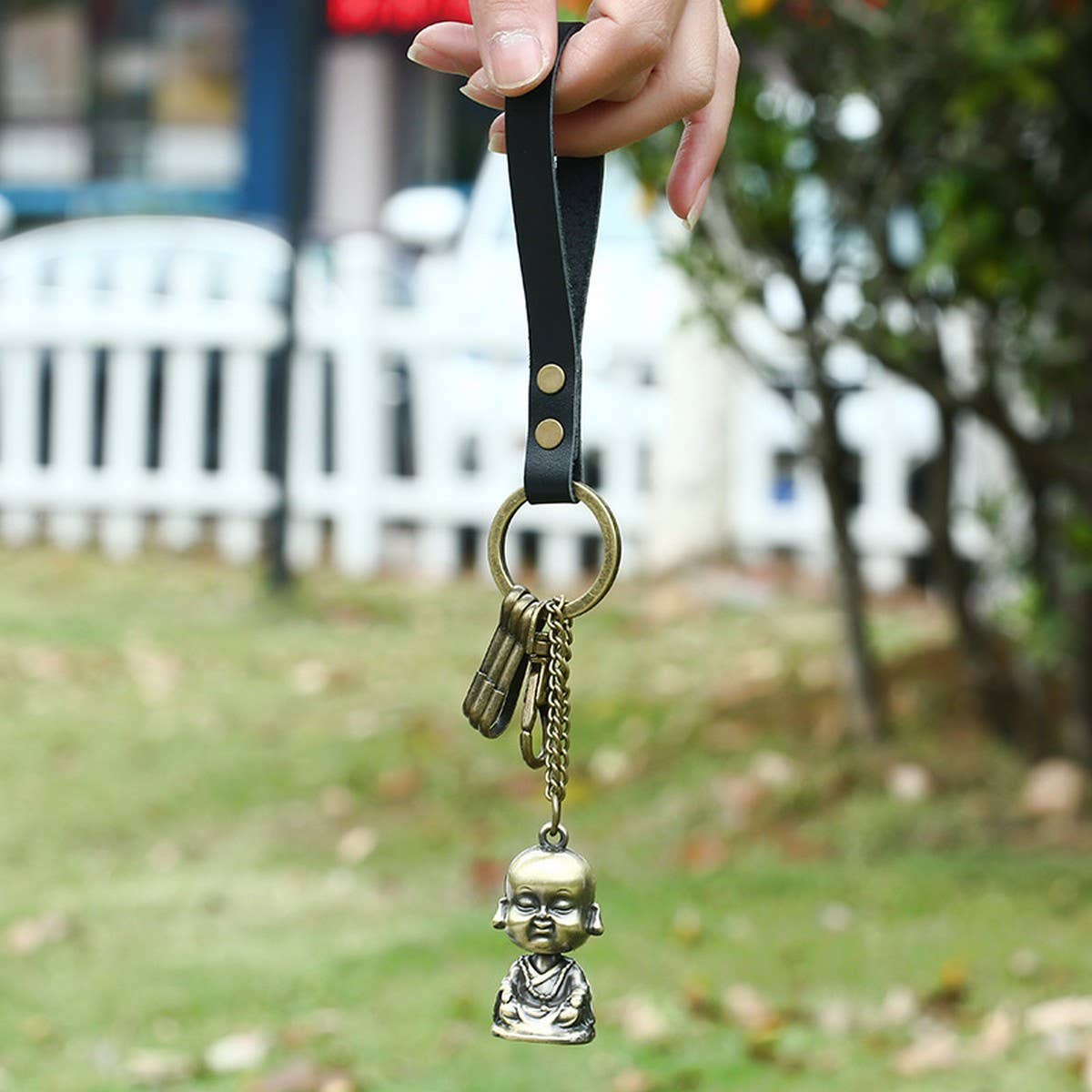 BRONZE ALLOY BUDDHA STATUE COWHIDE KEYCHAIN_CWMM5031