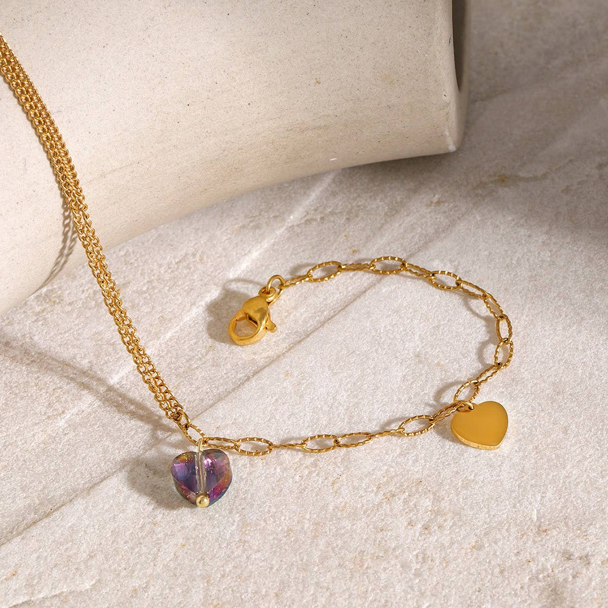 ELEGANT PURPLE HEART ANKLET DOUBLE CHAIN 18K GOLD_CWAJE4770