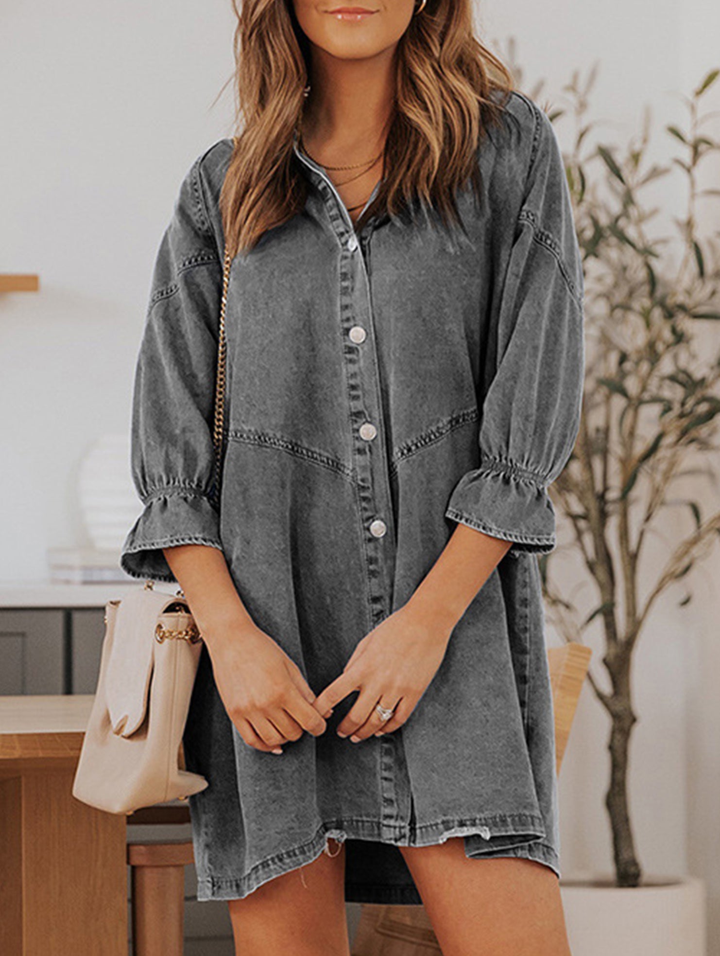 Single-row multi-button denim dress
