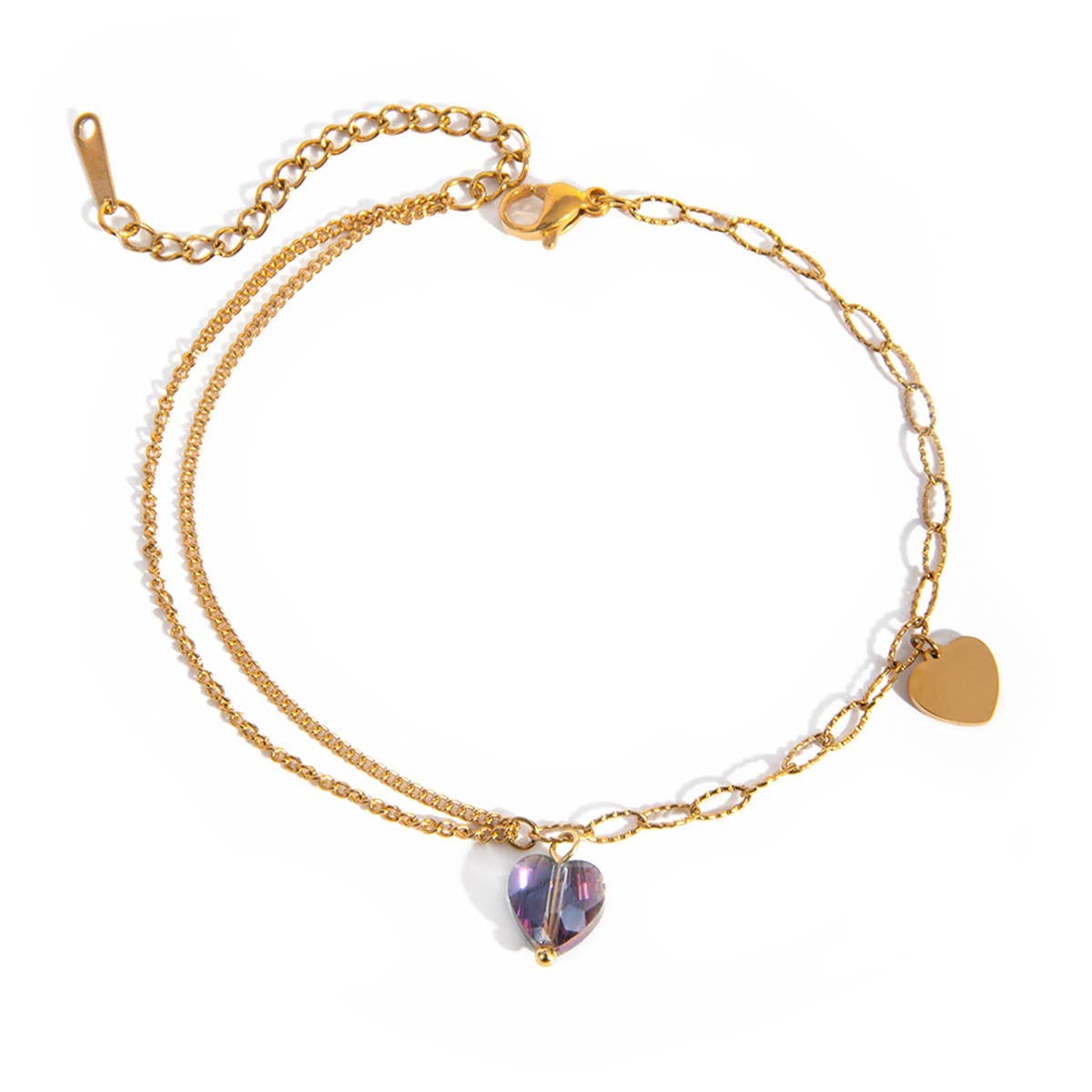 ELEGANT PURPLE HEART ANKLET DOUBLE CHAIN 18K GOLD_CWAJE4770