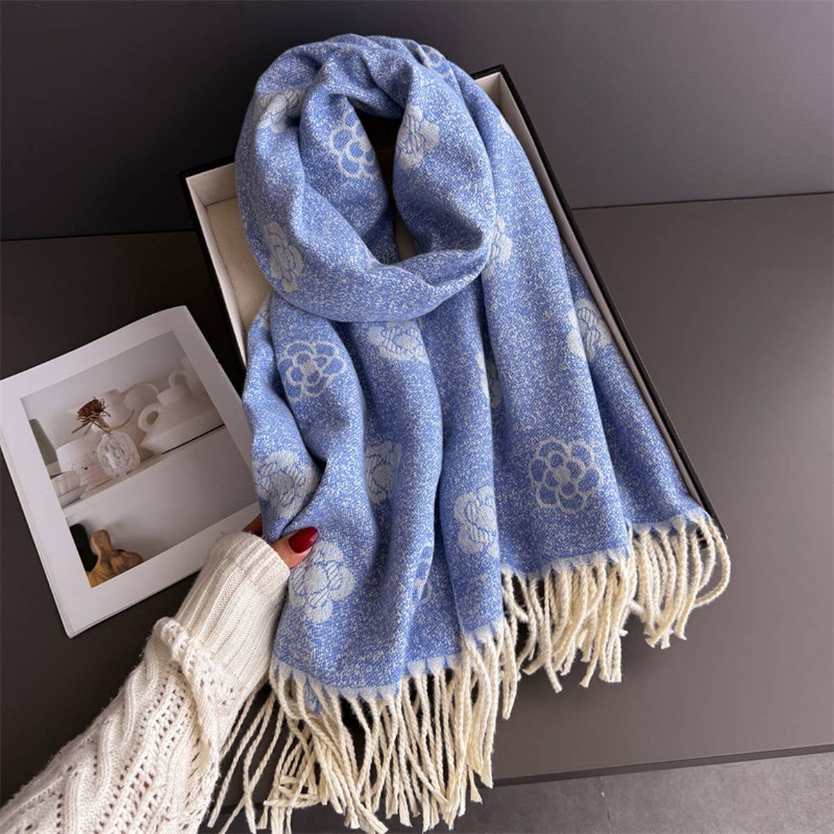 Elegant Camellia Cashmere Feel Tassel Scarf Wrap_Cwasc03244