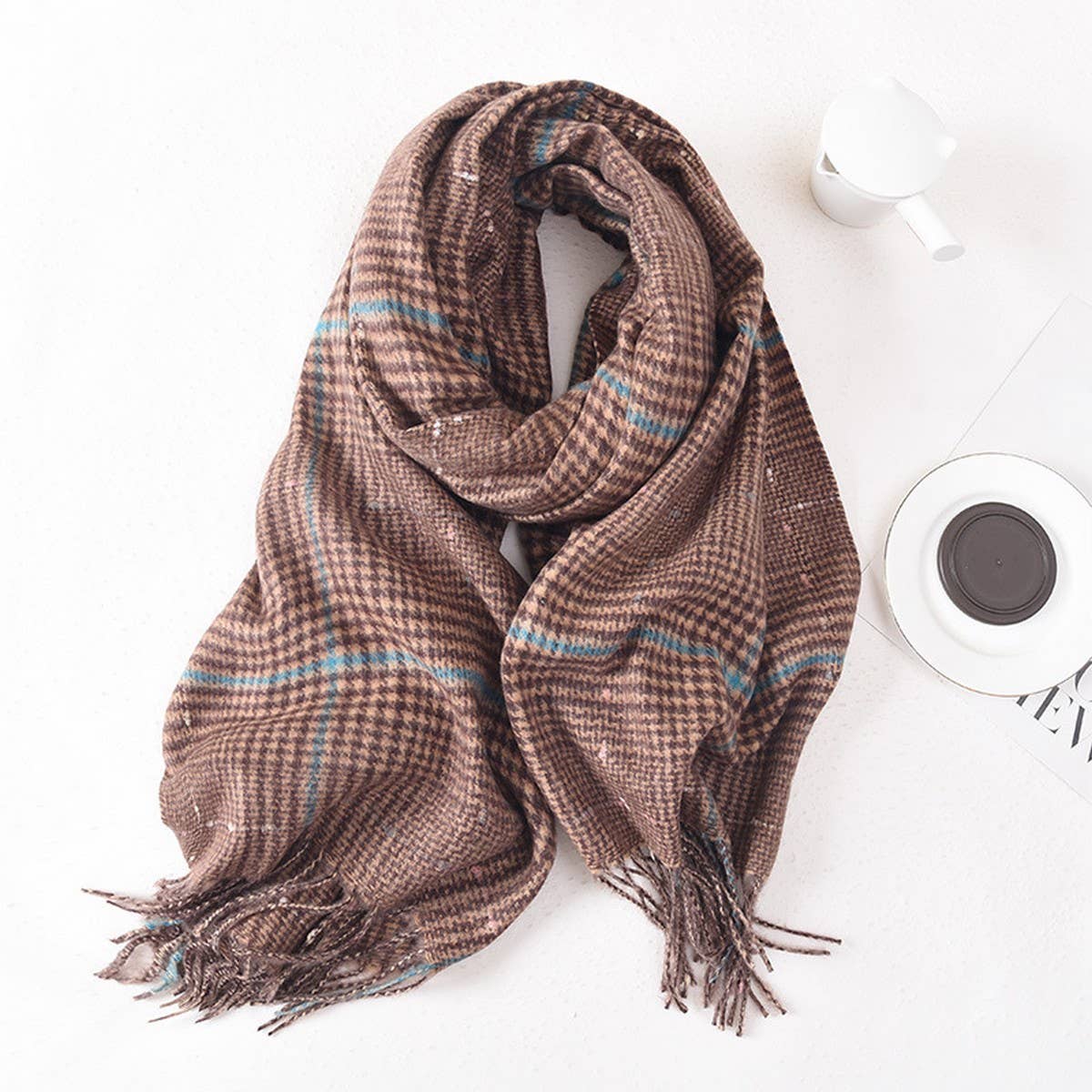 Women Color Matching Plaid Tassel Warm Scarf