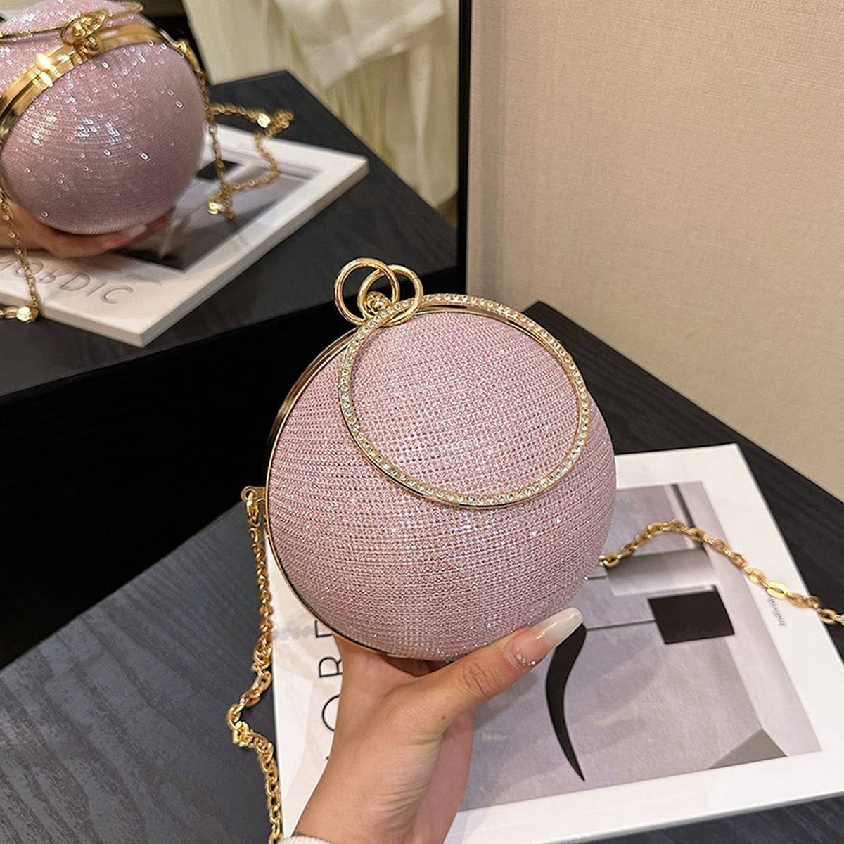 DIAMOND STUDDED SPHERICAL EVENING BAG CLUTCH _CWAB3247
