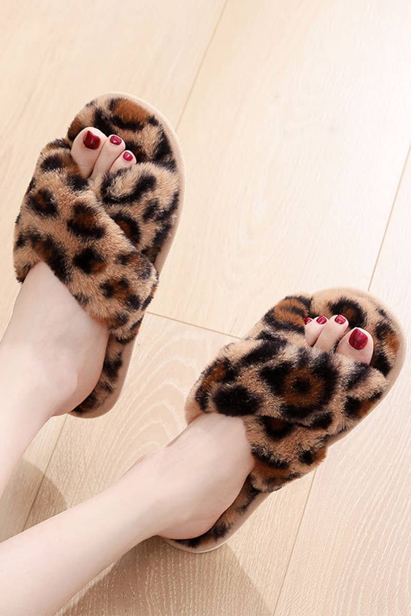 LEOPARD PATTERN CROSS FLUFFY HOME BEDROOM SLIPPERS_CWSHS0227