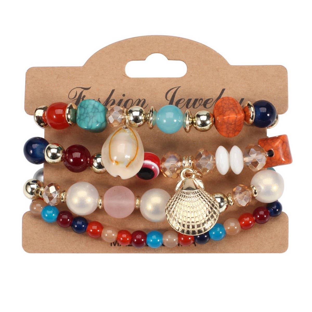 Cwaje05692_Boho Shell Pearl Elastic Evil Eye Bracelet