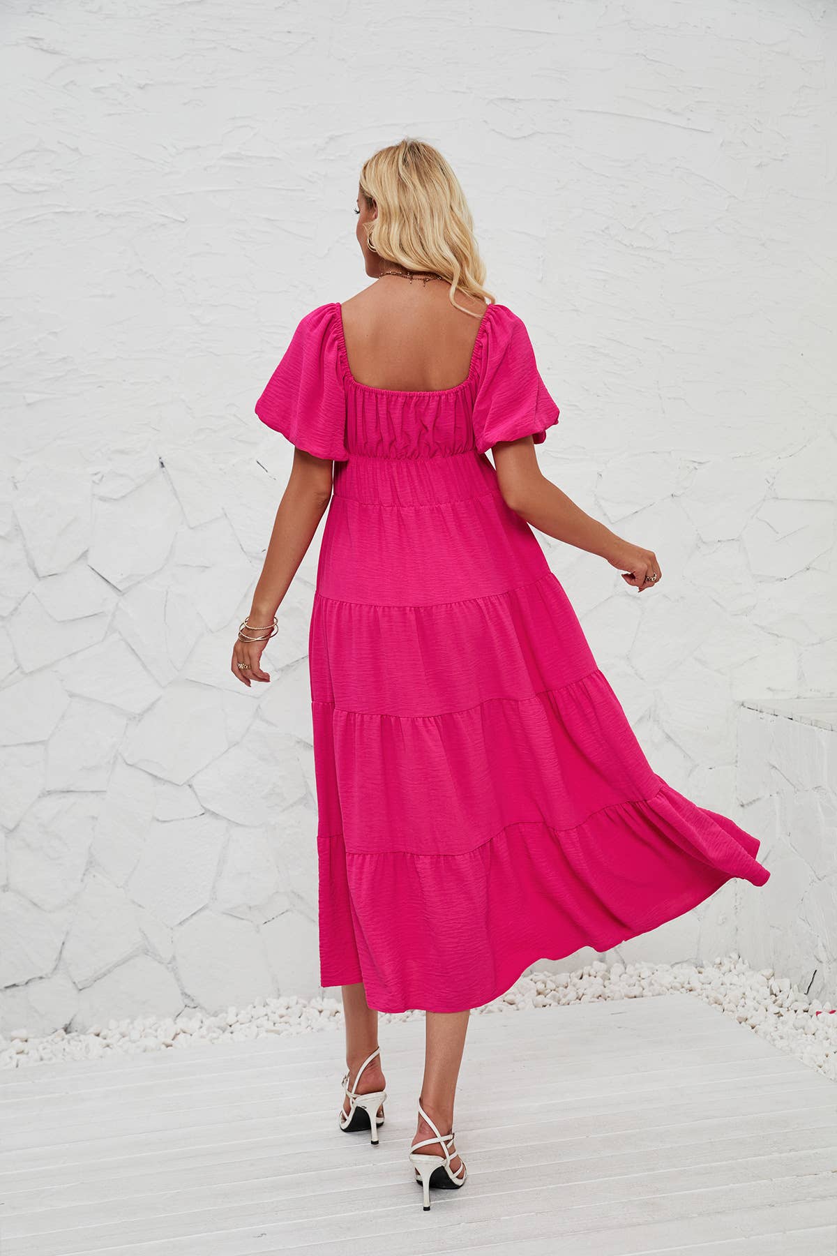 Square-Neck High-Waisted Pleated Dress