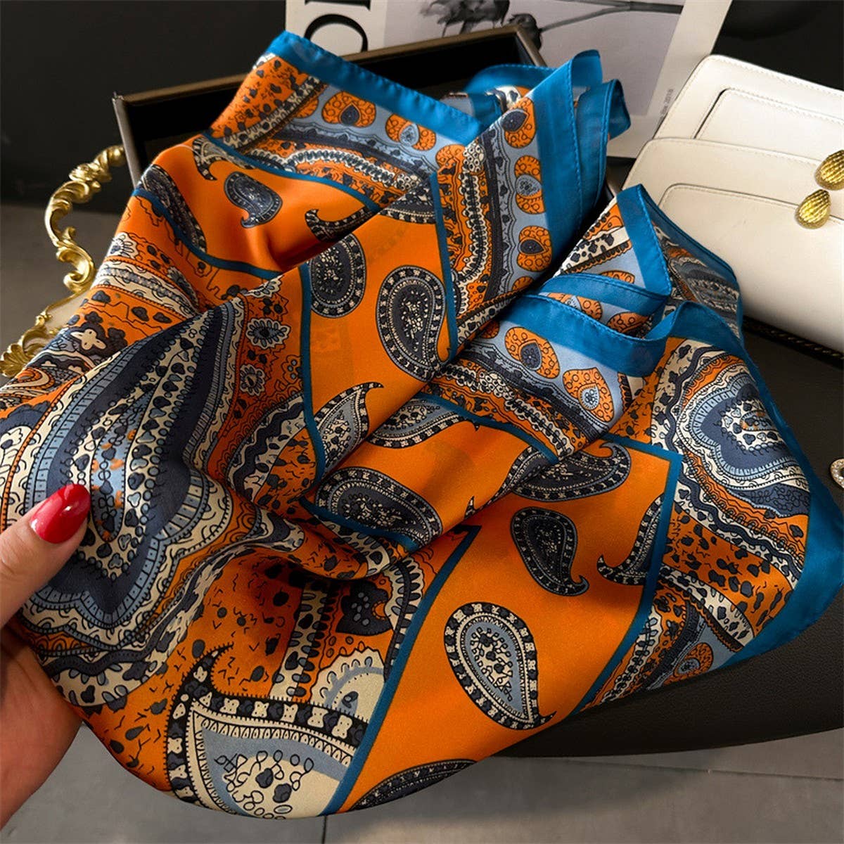 LOTUS PEONY PRINT SATIN SQUARE SCARF FOR SUMMER_CWASC1429